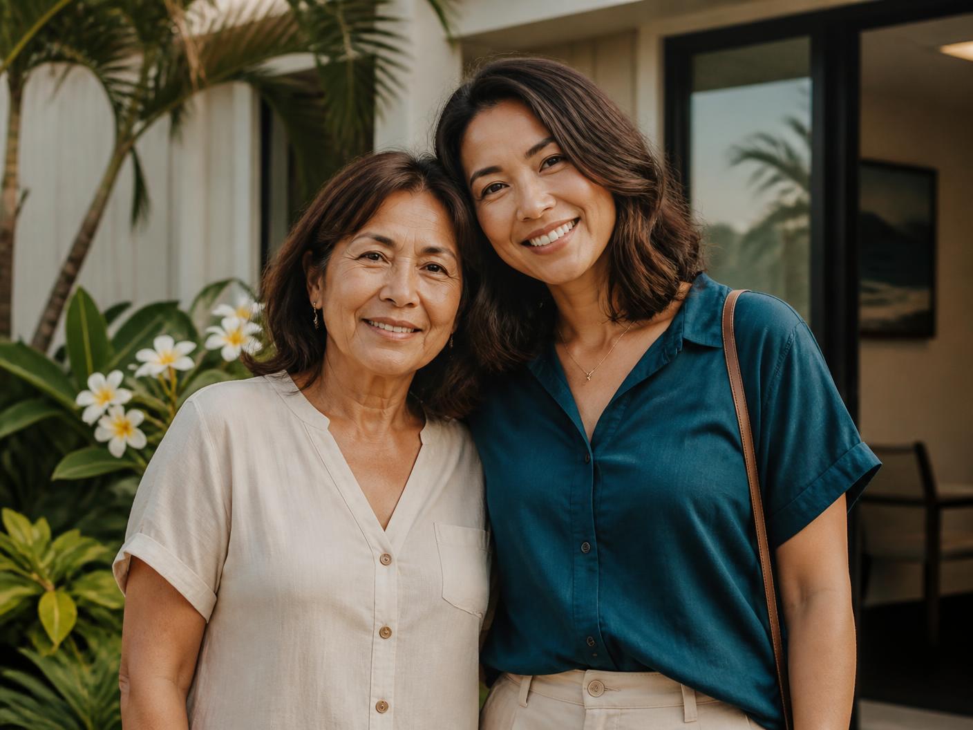 Two advisors standing together outside their Honolulu office