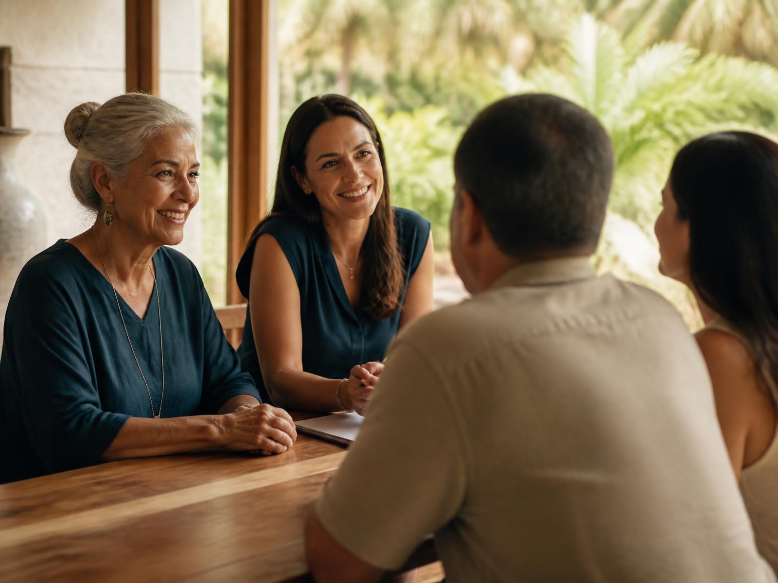 Two advisors talking with clients across a sunlit table